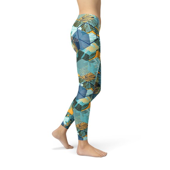 Womens Hexagon Floral Leggings featuring a unique floral design, perfect for workouts and casual wear, showcasing comfort and style.