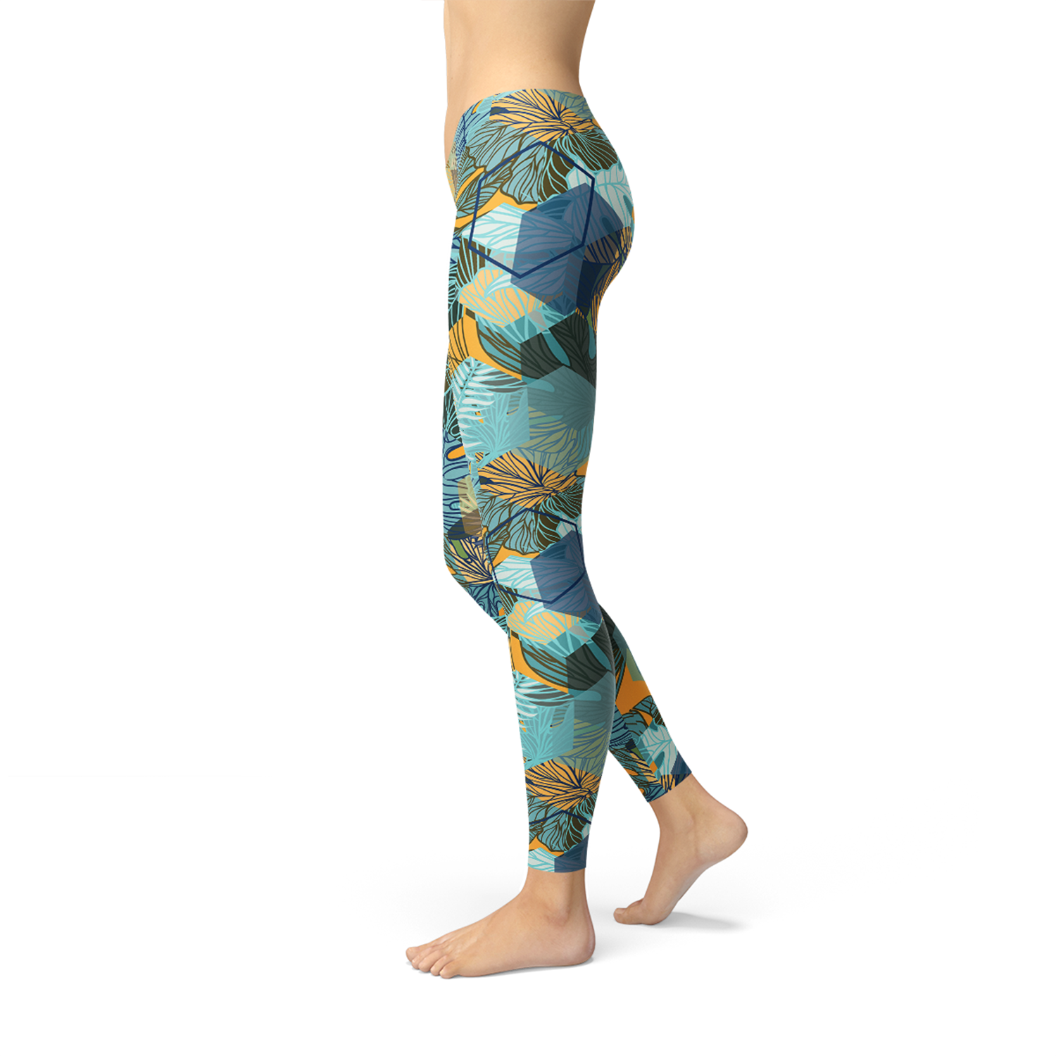 Womens Hexagon Floral Leggings featuring a unique floral design, perfect for workouts and casual wear, showcasing comfort and style.