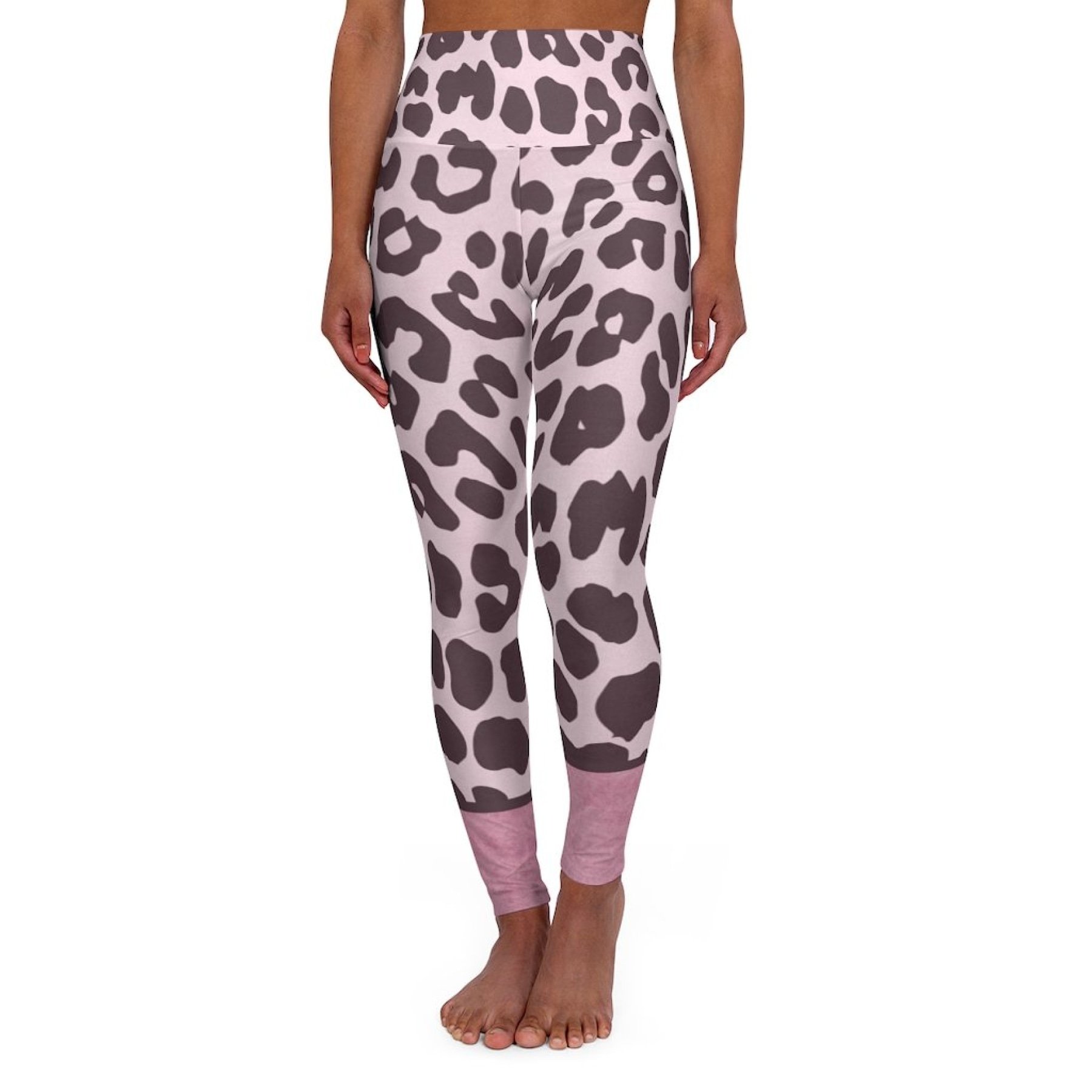 Women's high waist fitness leggings in heather pink leopard style, showcasing a stylish design and stretchy fabric.