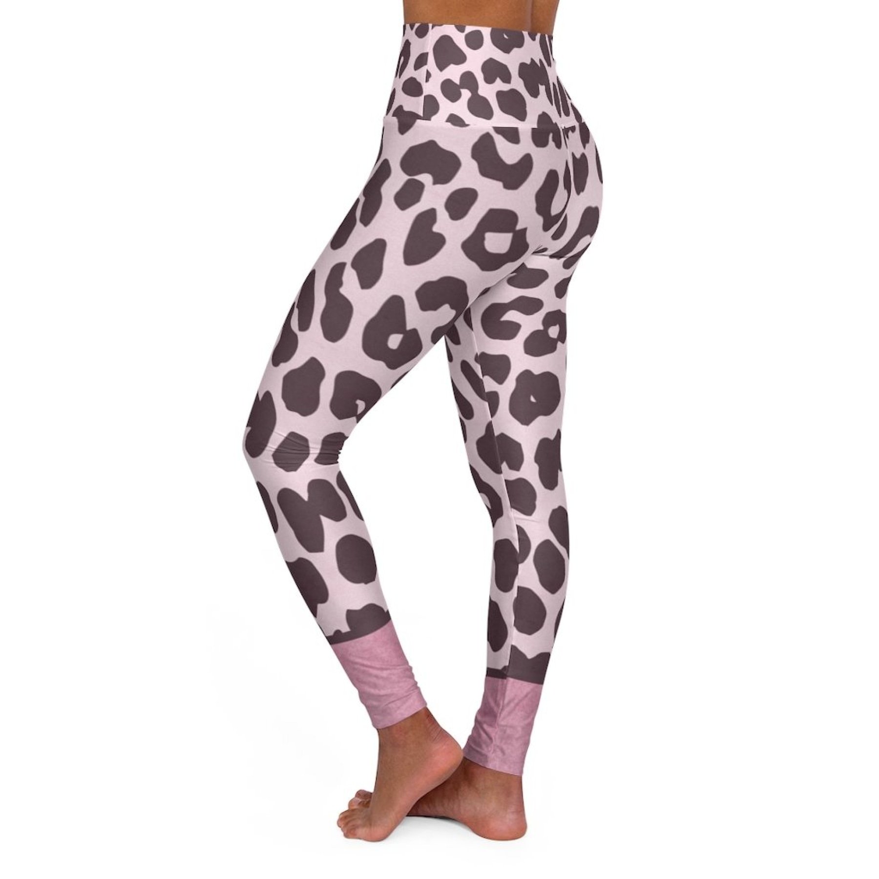 Women's high waist fitness leggings in heather pink leopard style, showcasing a stylish design and stretchy fabric.