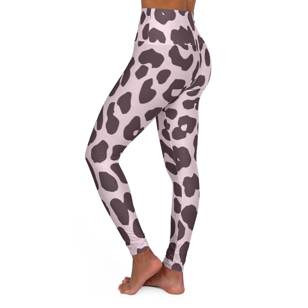 Womens high waist fitness leggings in pink leopard print, showcasing a stylish and comfortable design for workouts and casual wear.