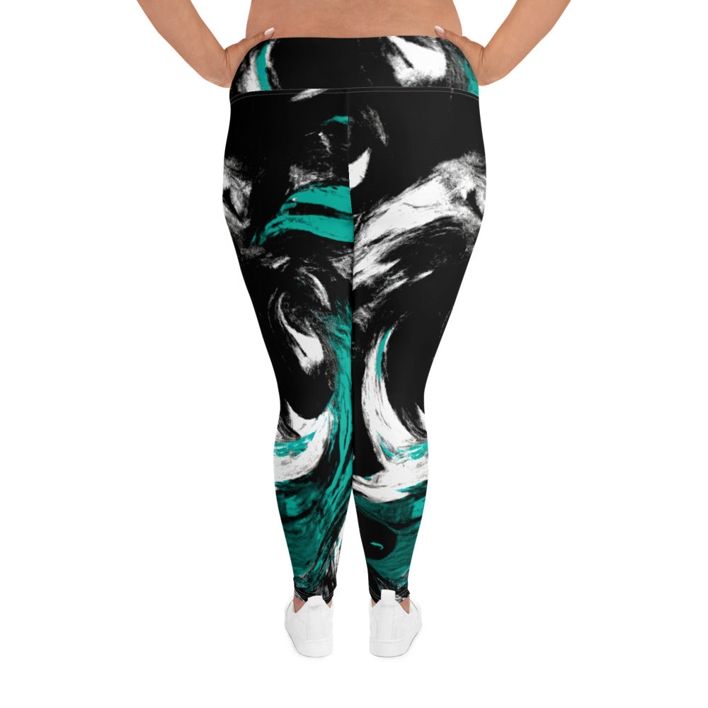 Womens high waist plus size leggings featuring a black, green, and white abstract pattern, showcasing their stylish design and comfortable fit.