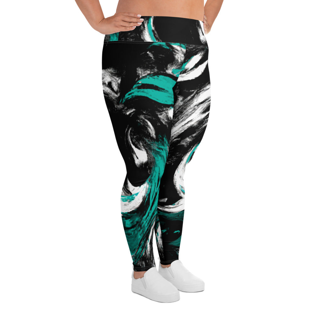 Womens high waist plus size leggings featuring a black, green, and white abstract pattern, showcasing their stylish design and comfortable fit.