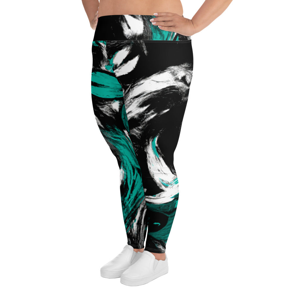 Womens high waist plus size leggings featuring a black, green, and white abstract pattern, showcasing their stylish design and comfortable fit.