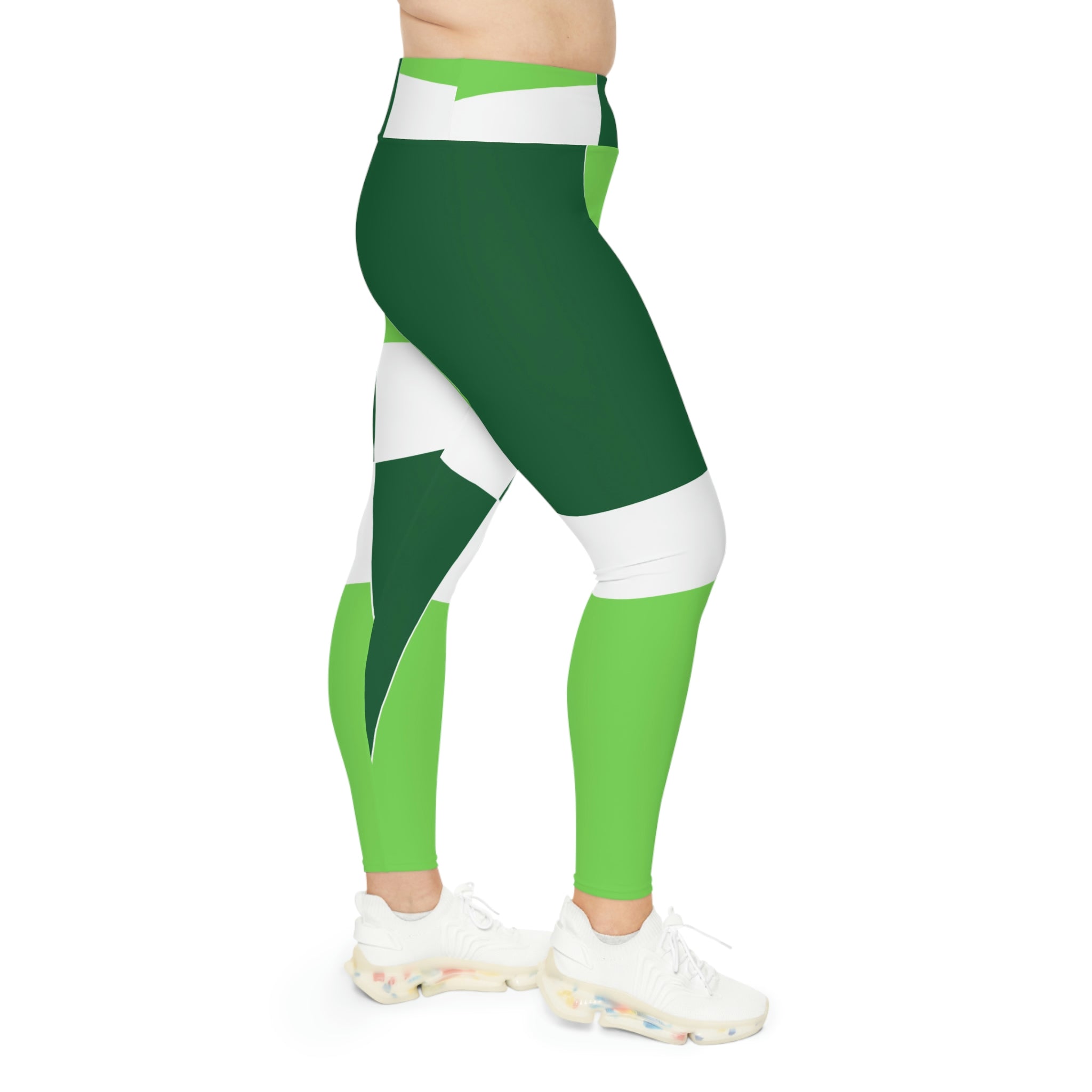 Womens High Waist Plus Size Leggings in Lime Forest Irish Green, showcasing the high-rise elastic waistband and stretchy fabric.