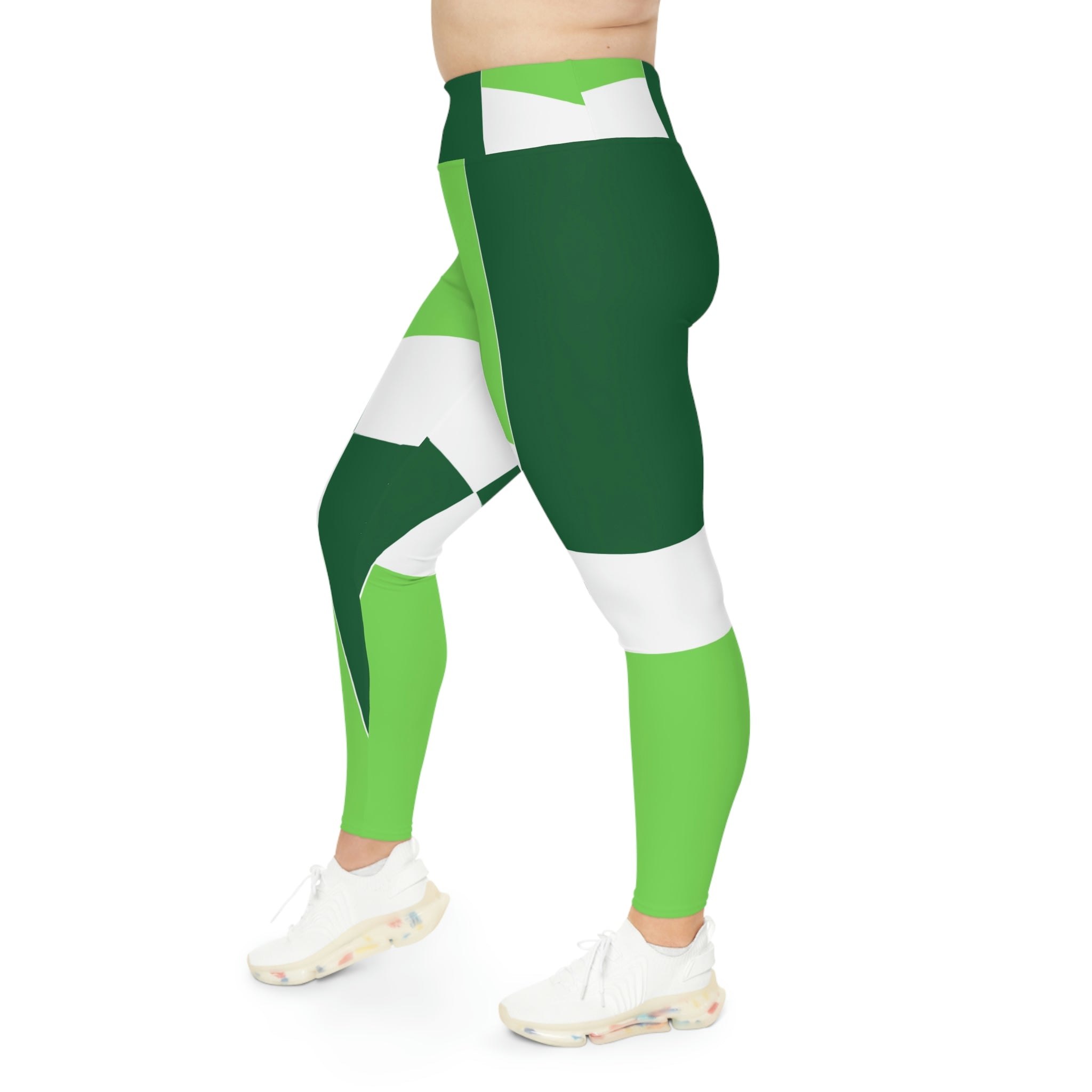 Womens High Waist Plus Size Leggings in Lime Forest Irish Green, showcasing the high-rise elastic waistband and stretchy fabric.