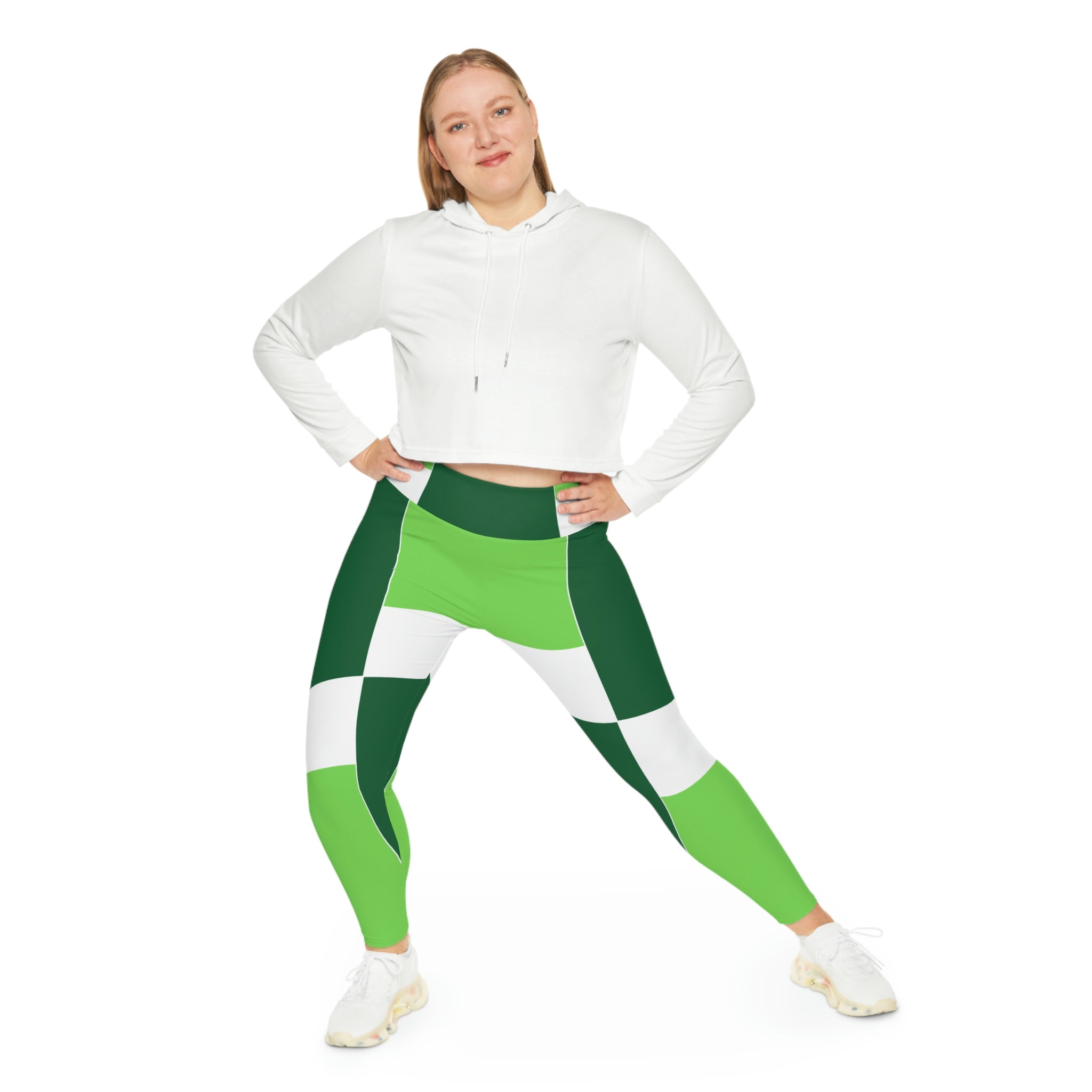 Womens High Waist Plus Size Leggings in Lime Forest Irish Green, showcasing the high-rise elastic waistband and stretchy fabric.