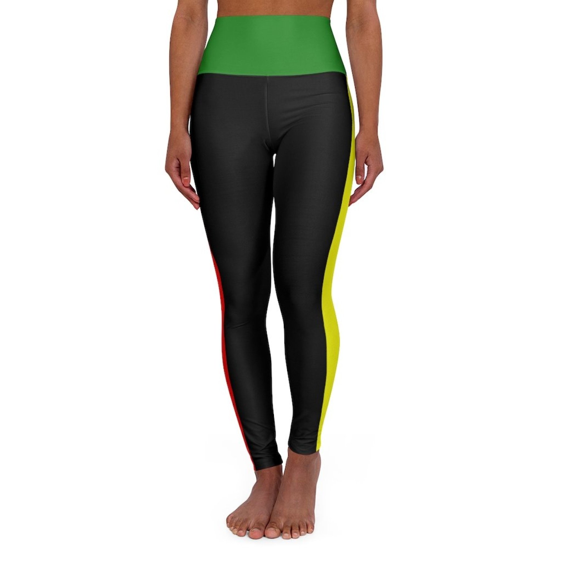 Women's high-waist fitness legging yoga pants in black, red, yellow, and green, showcasing a flattering fit and breathable fabric.