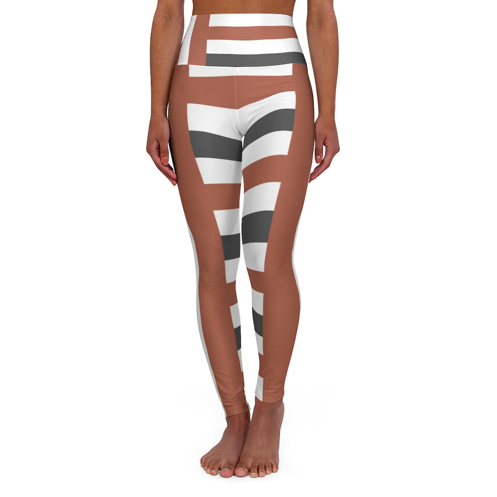 Women's high-waist fitness leggings in brown grey striped pattern, showcasing a stylish and comfortable design suitable for workouts and casual wear.