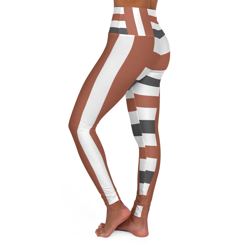 Women's high-waist fitness leggings in brown grey striped pattern, showcasing a stylish and comfortable design suitable for workouts and casual wear.