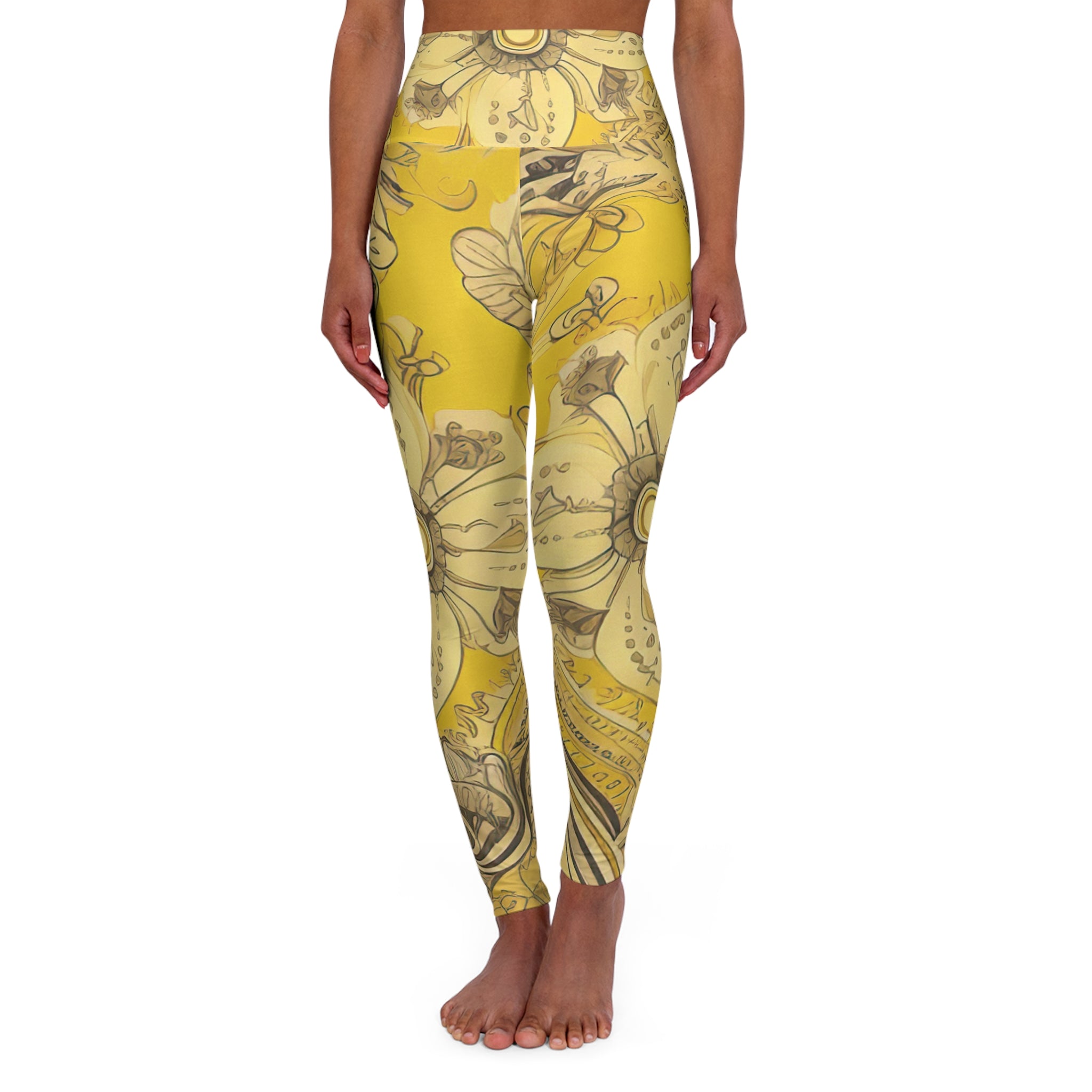 Women's high-waist fitness leggings in floral yellow bandanna design, showcasing a stylish and comfortable fit for workouts.