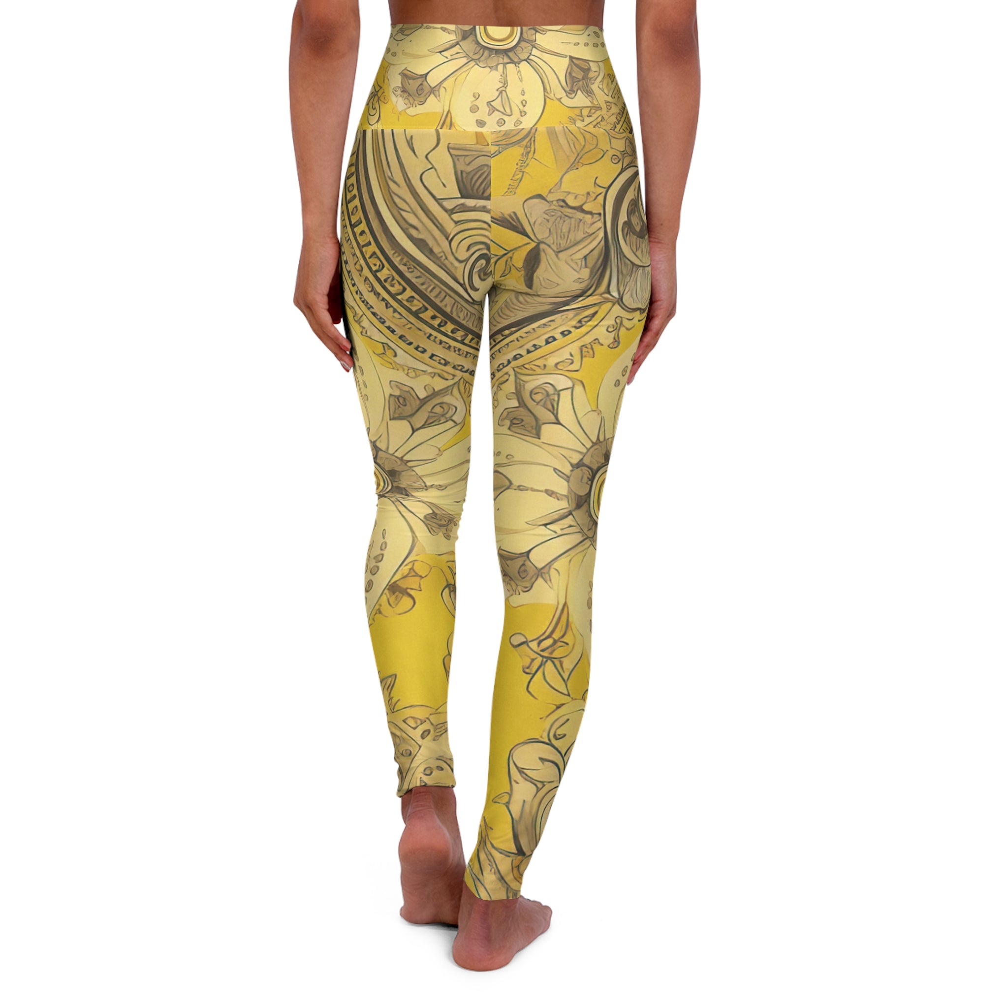 Women's high-waist fitness leggings in floral yellow bandanna design, showcasing a stylish and comfortable fit for workouts.