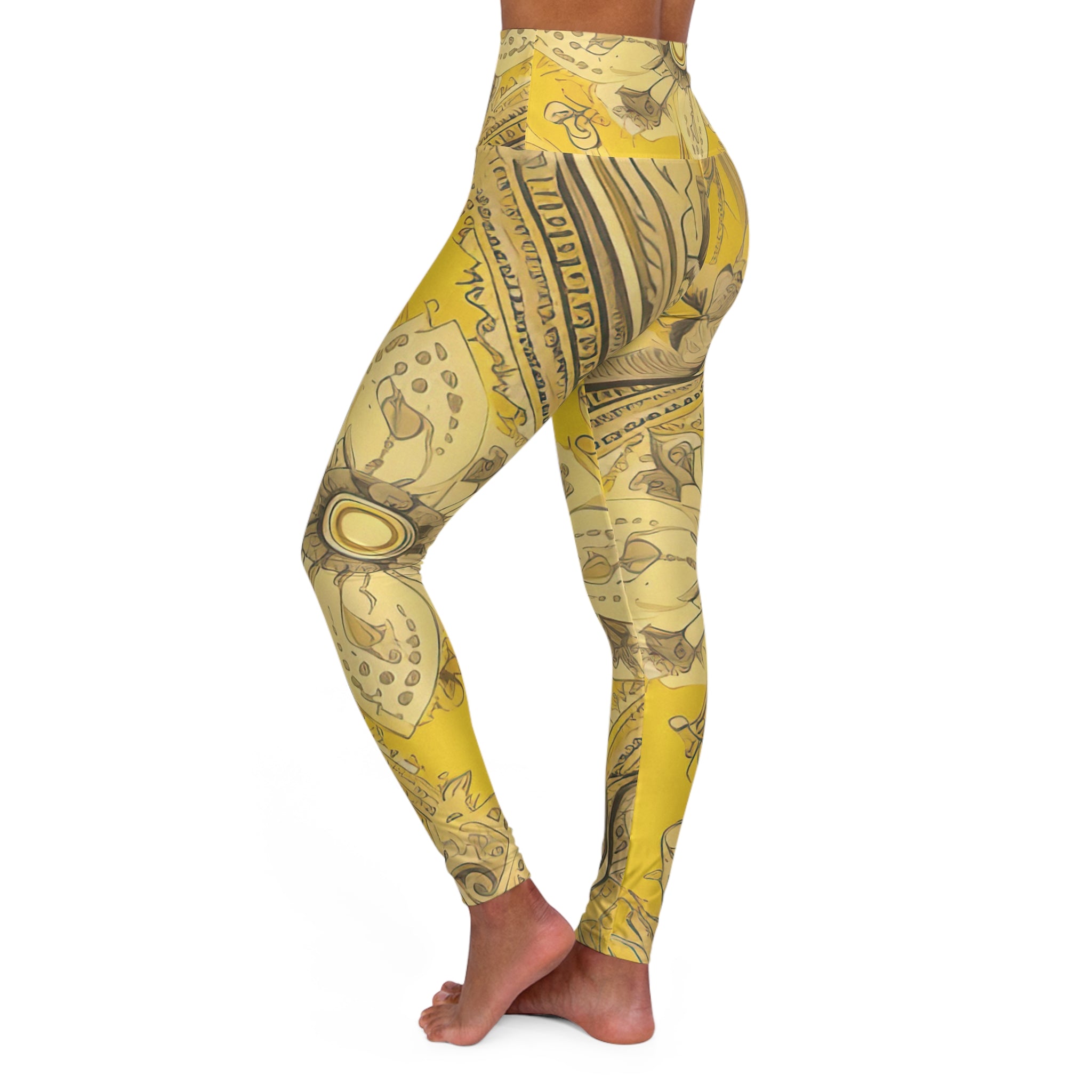 Women's high-waist fitness leggings in floral yellow bandanna design, showcasing a stylish and comfortable fit for workouts.