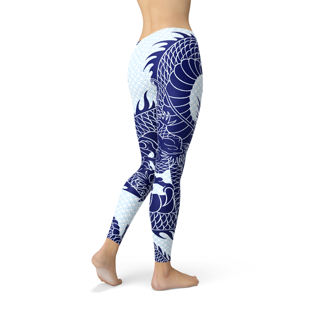 Womens Japanese Dragon Leggings featuring a dragon tattoo design and pastel blue dragon scale background, perfect for workouts and casual wear.