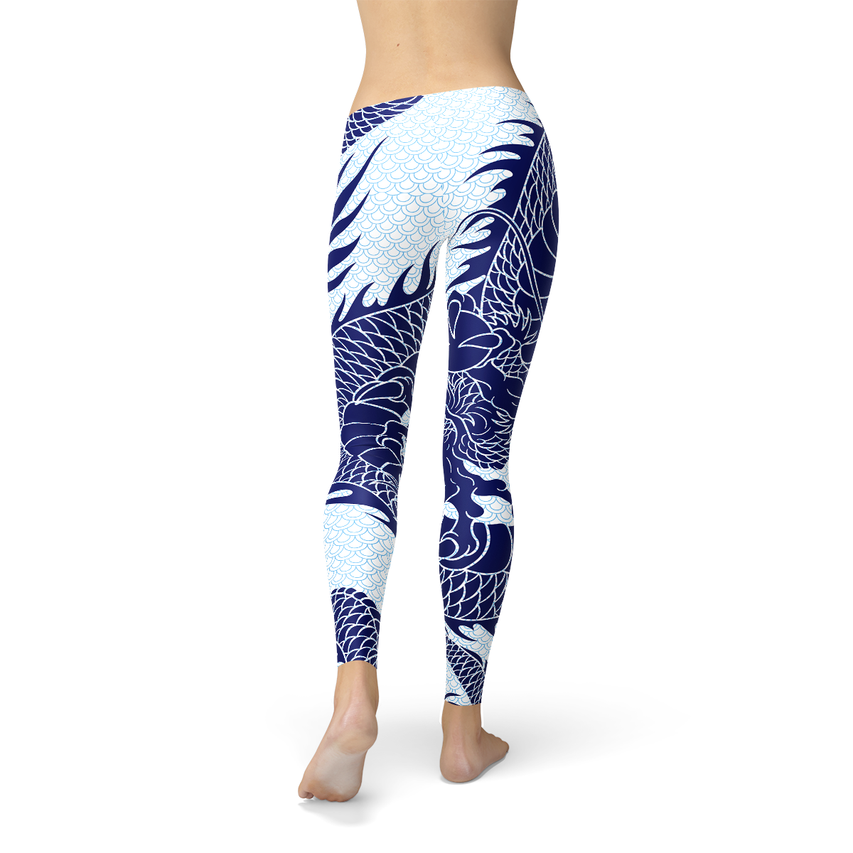 Womens Japanese Dragon Leggings featuring a dragon tattoo design and pastel blue dragon scale background, perfect for workouts and casual wear.