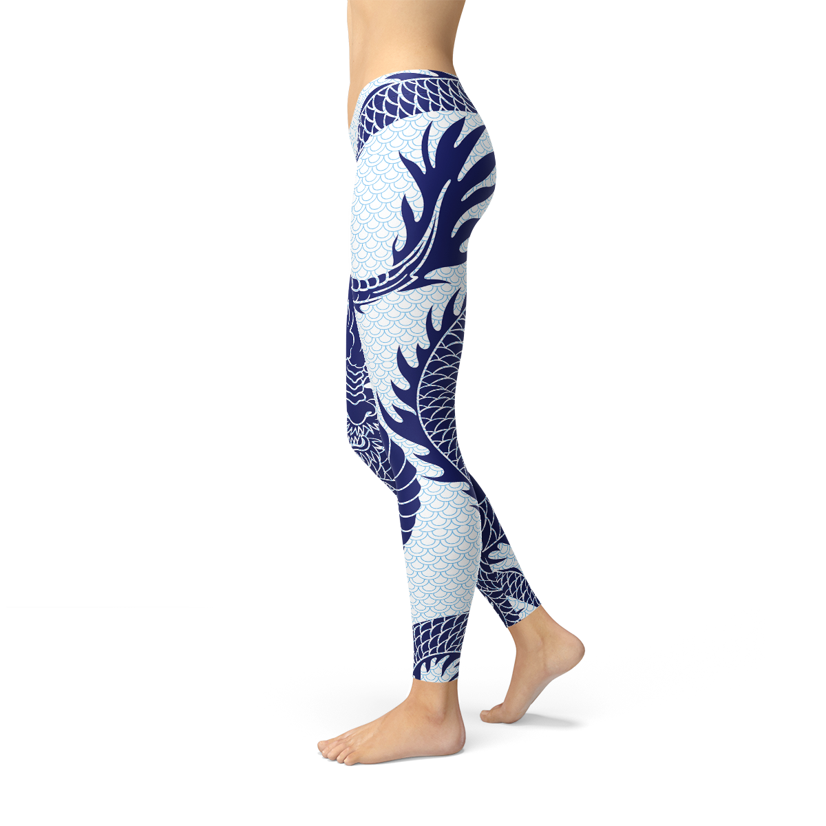 Womens Japanese Dragon Leggings featuring a dragon tattoo design and pastel blue dragon scale background, perfect for workouts and casual wear.