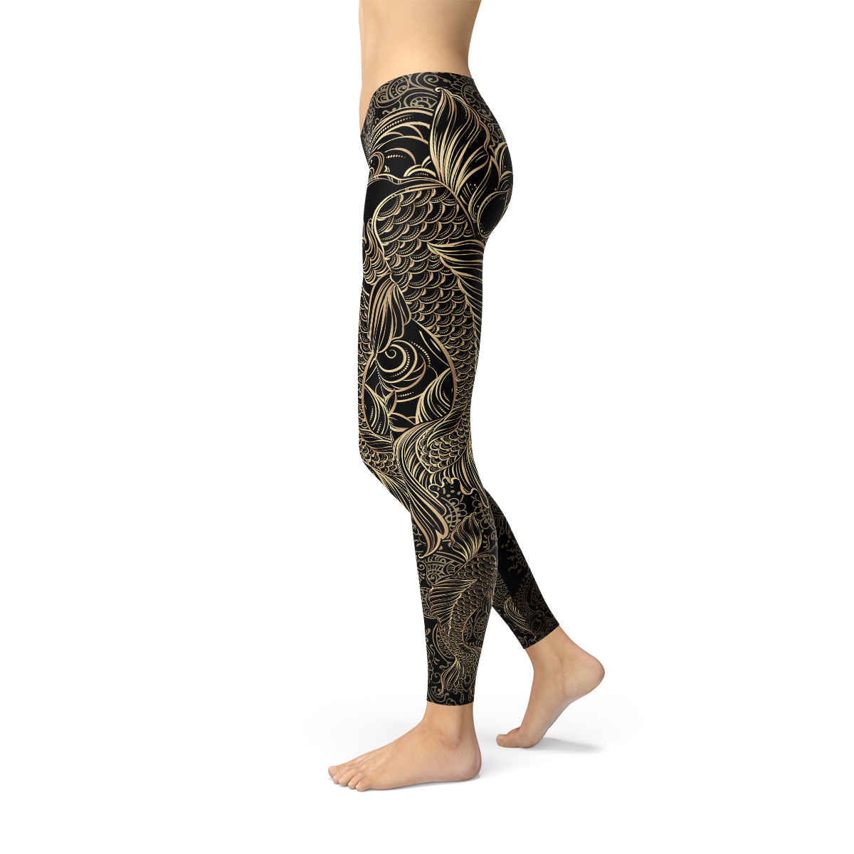 A pair of Womens Koi Fish Black Leggings featuring a vibrant koi fish graphic design, made from a comfortable and stretchy fabric blend.