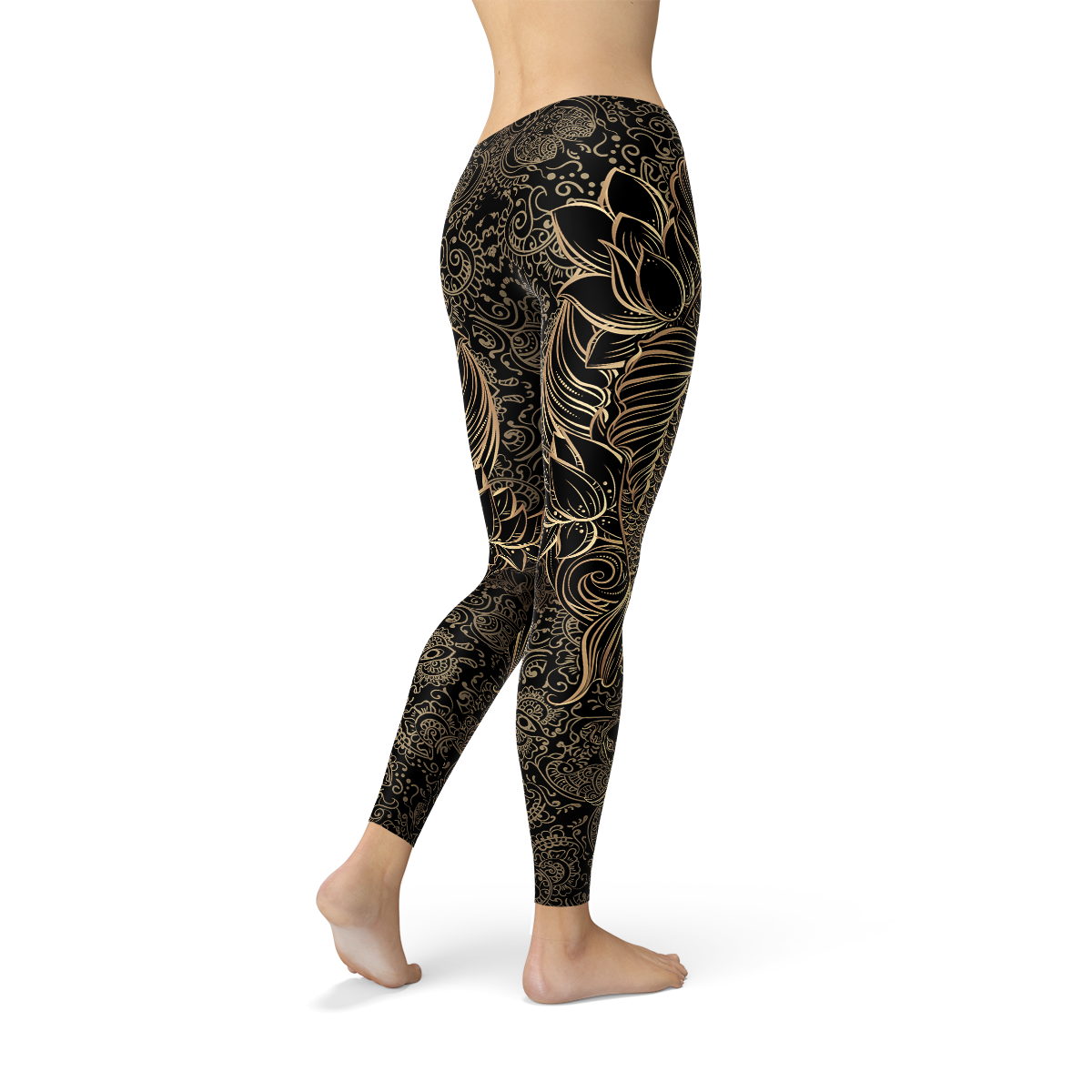 A pair of Womens Koi Fish Black Leggings featuring a vibrant koi fish graphic design, made from a comfortable and stretchy fabric blend.