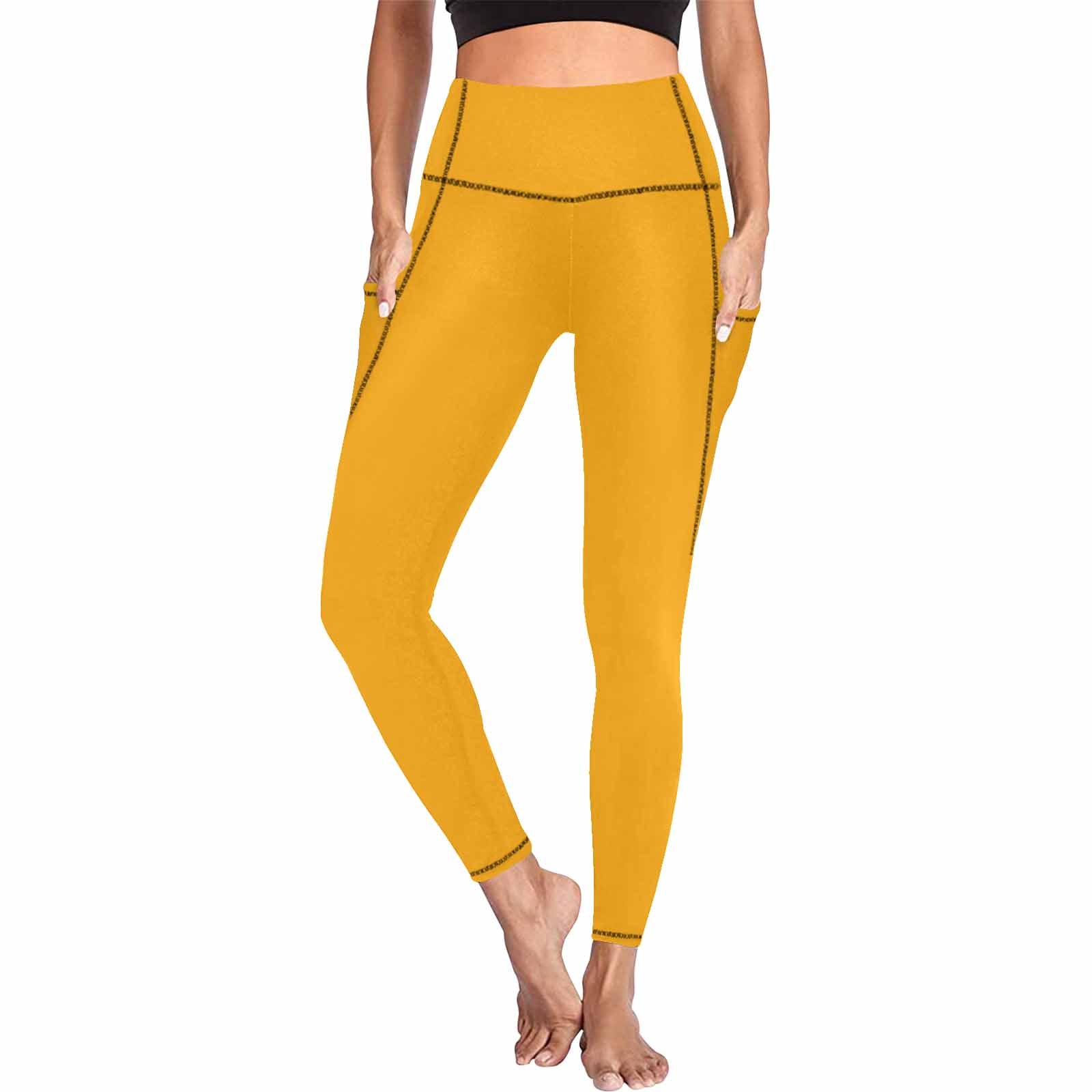 Bright orange women's leggings with pockets, showcasing a stylish design and lightweight fabric, perfect for fitness activities.