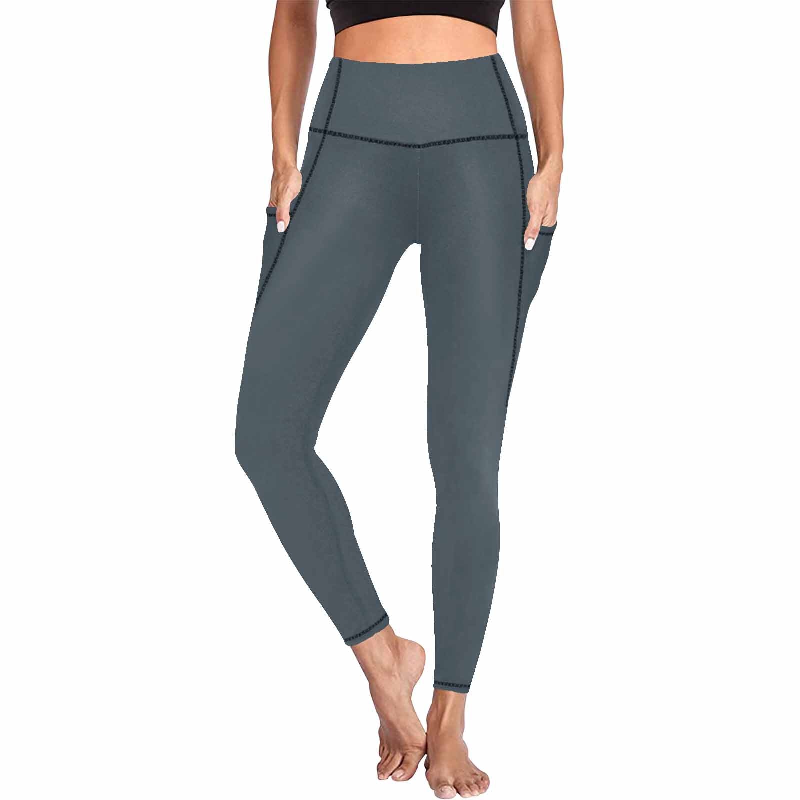 Women's Charcoal Black Leggings with Side Pockets, showcasing lightweight fabric and high elasticity for fitness activities.