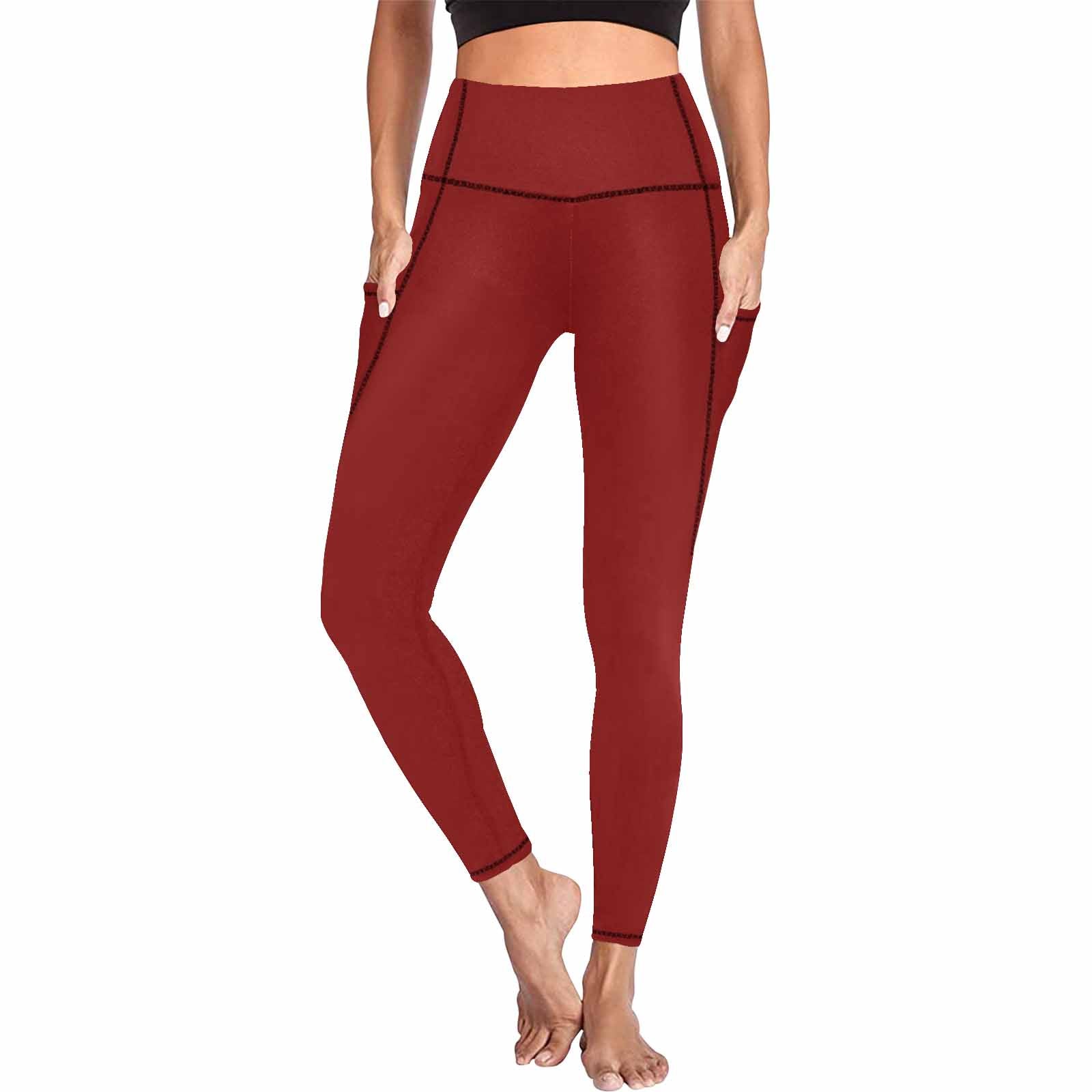 Maroon red women's leggings with pockets, showcasing a lightweight and stretchy fabric, ideal for fitness and casual wear.