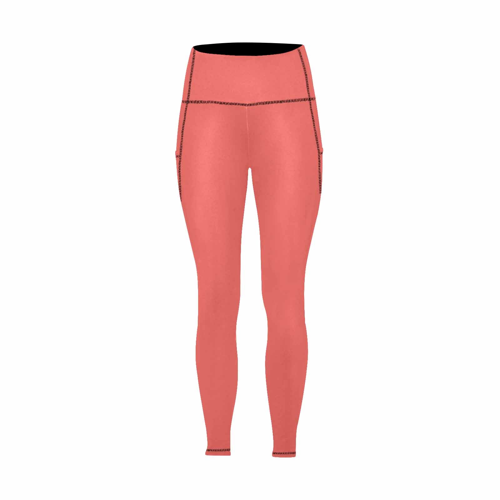 Pastel red women's leggings with side pockets, designed for fitness and comfort.