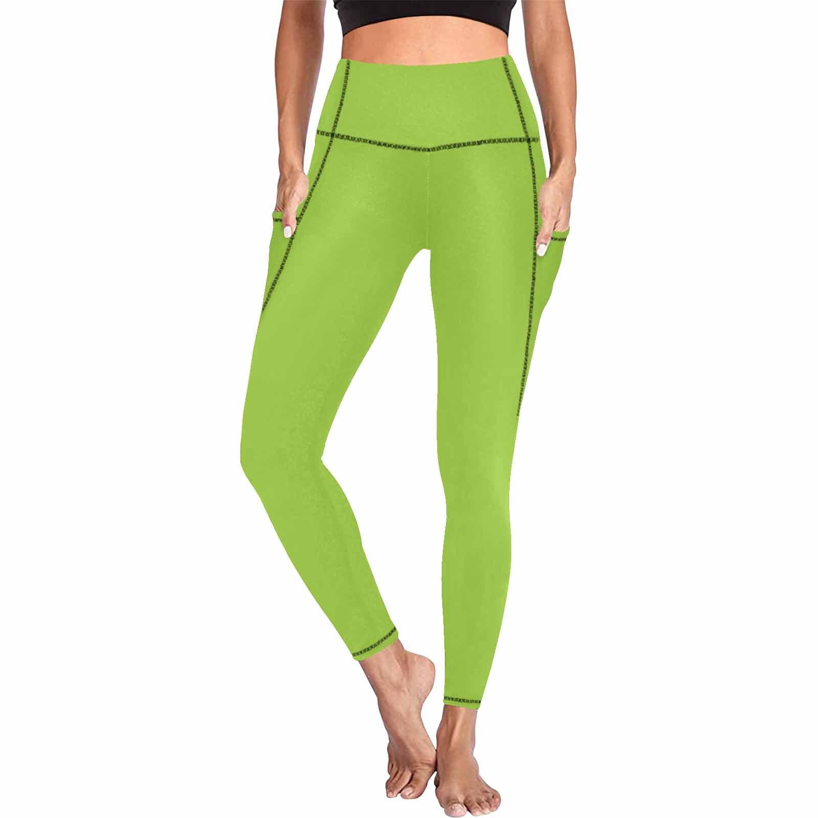 A pair of women's yellow green leggings with pockets, showcasing a stylish design suitable for fitness and casual wear.