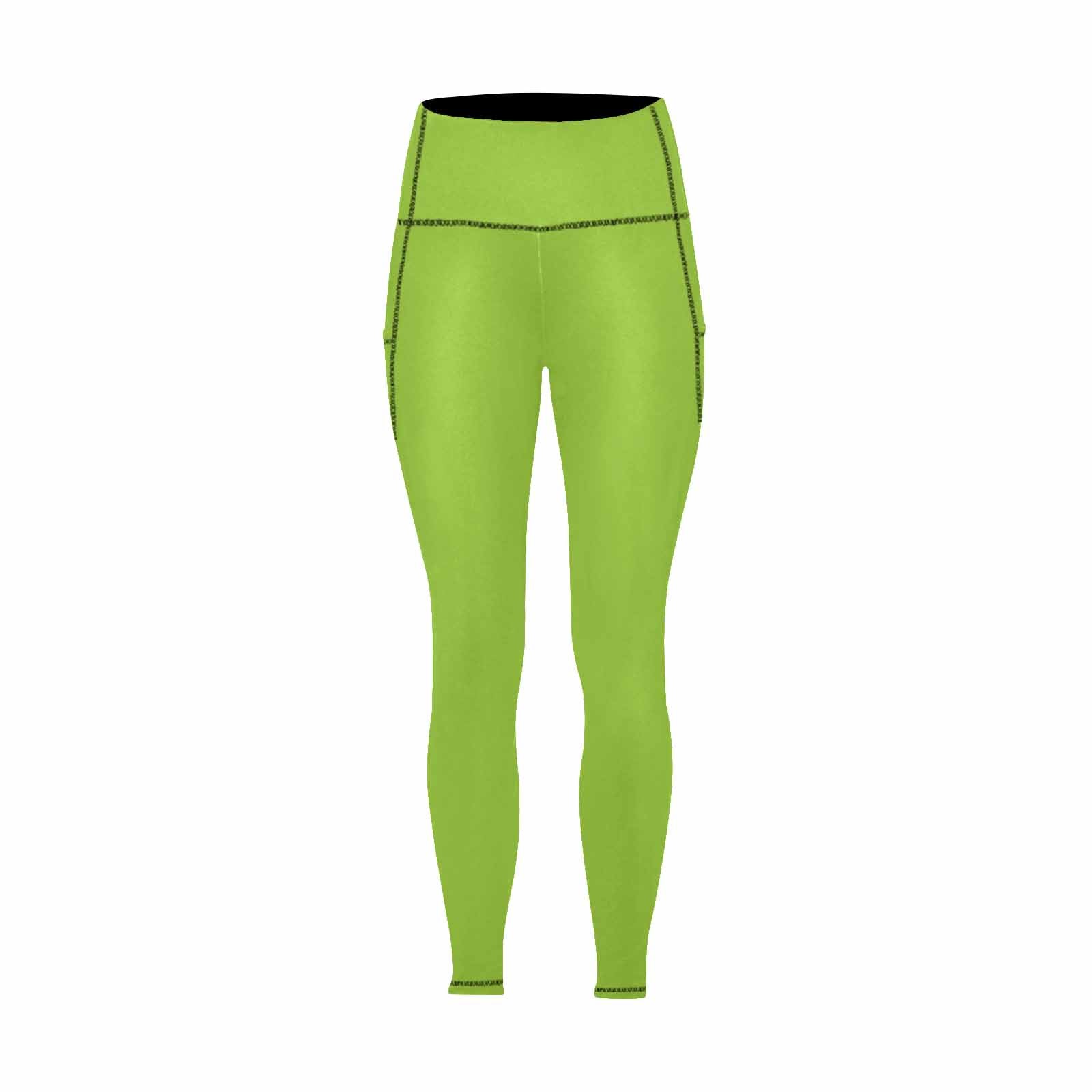 A pair of women's yellow green leggings with pockets, showcasing a stylish design suitable for fitness and casual wear.