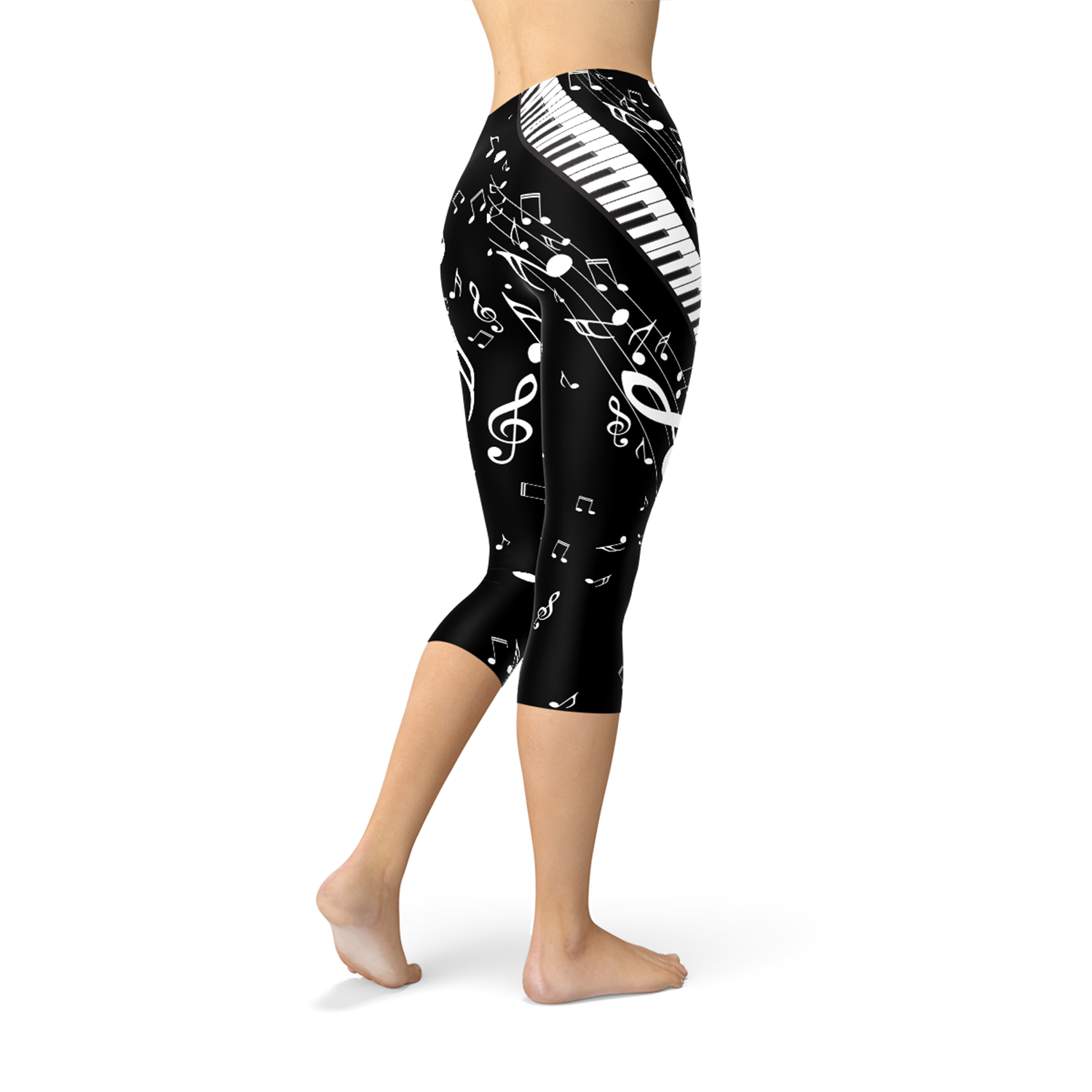 Women's Piano Notes Black Capri Leggings featuring a unique piano notes design, perfect for workouts and casual wear.