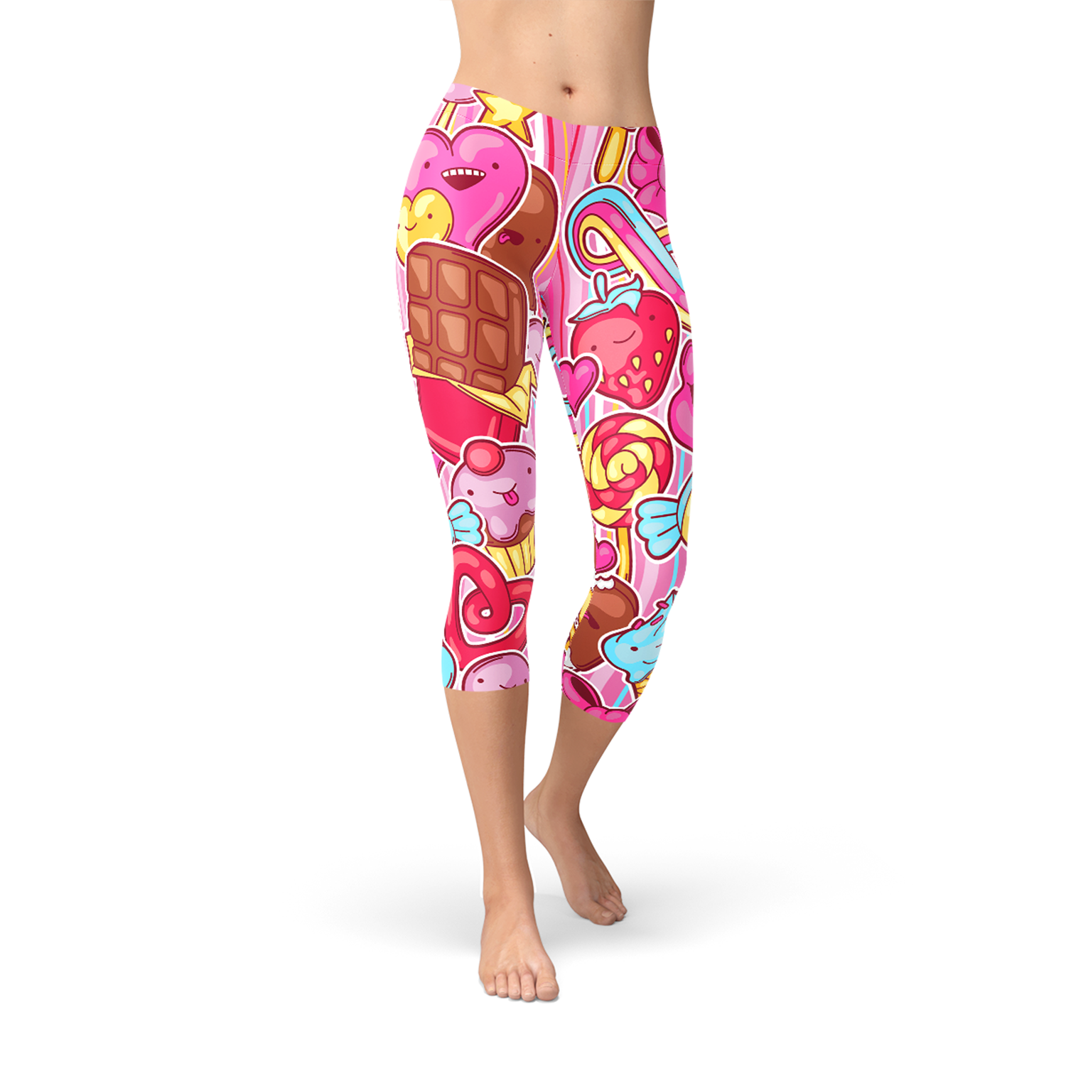 Womens Pink Candy Kawaii Capri Legging featuring a vibrant pink design with a unique kawaii pattern, perfect for workouts and casual wear.