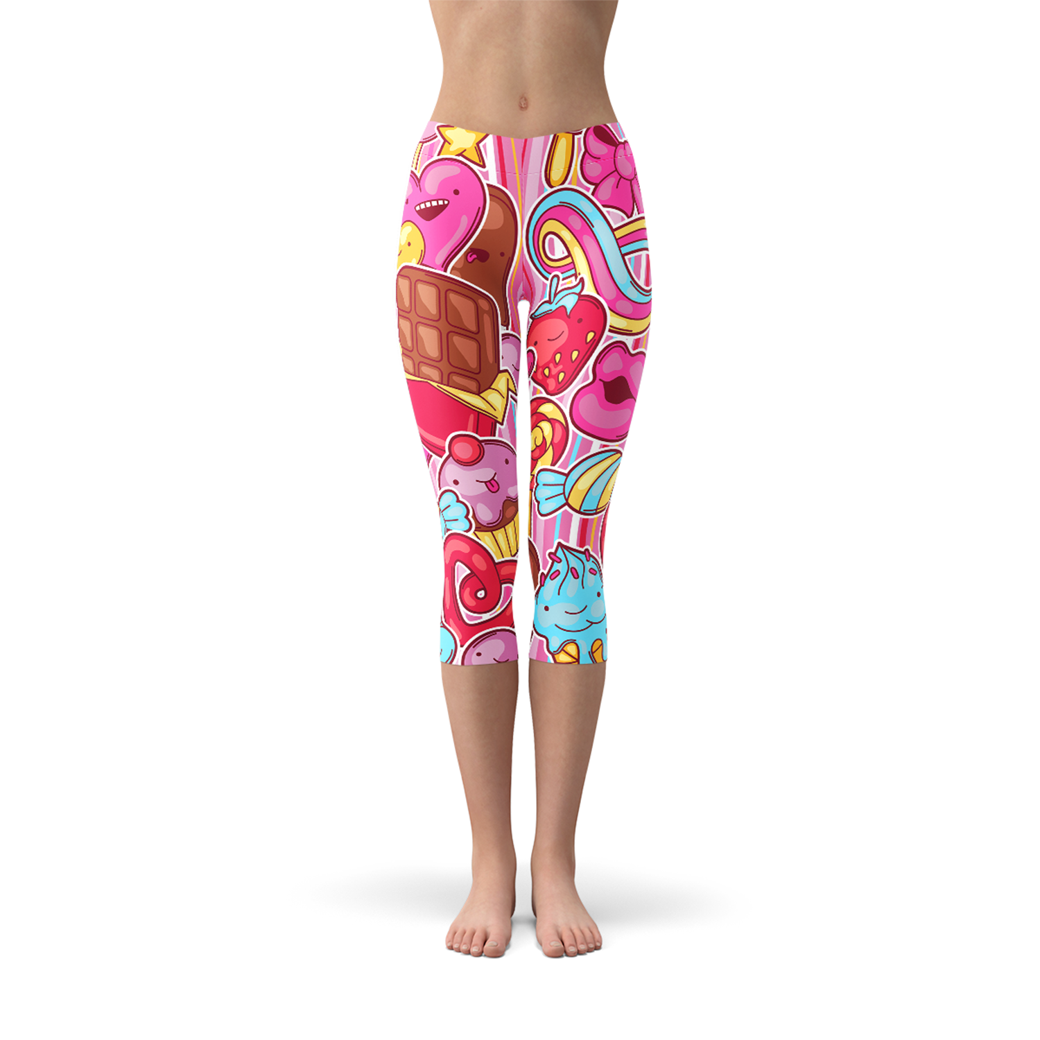 Womens Pink Candy Kawaii Capri Legging featuring a vibrant pink design with a unique kawaii pattern, perfect for workouts and casual wear.