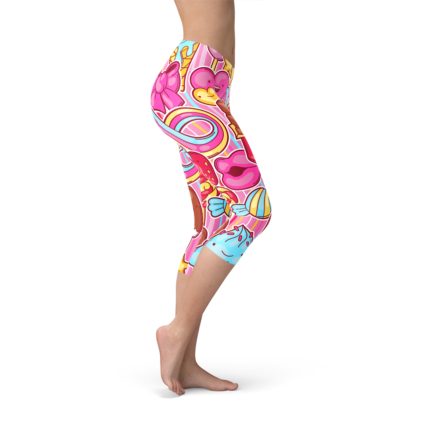 Womens Pink Candy Kawaii Capri Legging featuring a vibrant pink design with a unique kawaii pattern, perfect for workouts and casual wear.