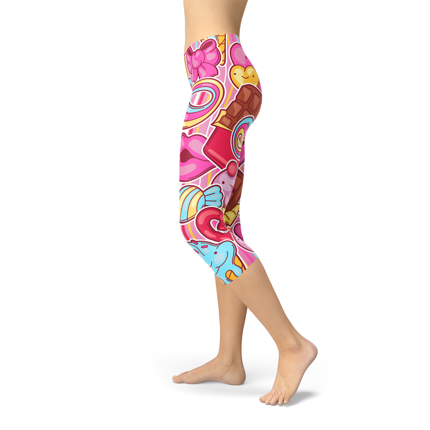 Womens Pink Candy Kawaii Capri Legging featuring a vibrant pink design with a unique kawaii pattern, perfect for workouts and casual wear.