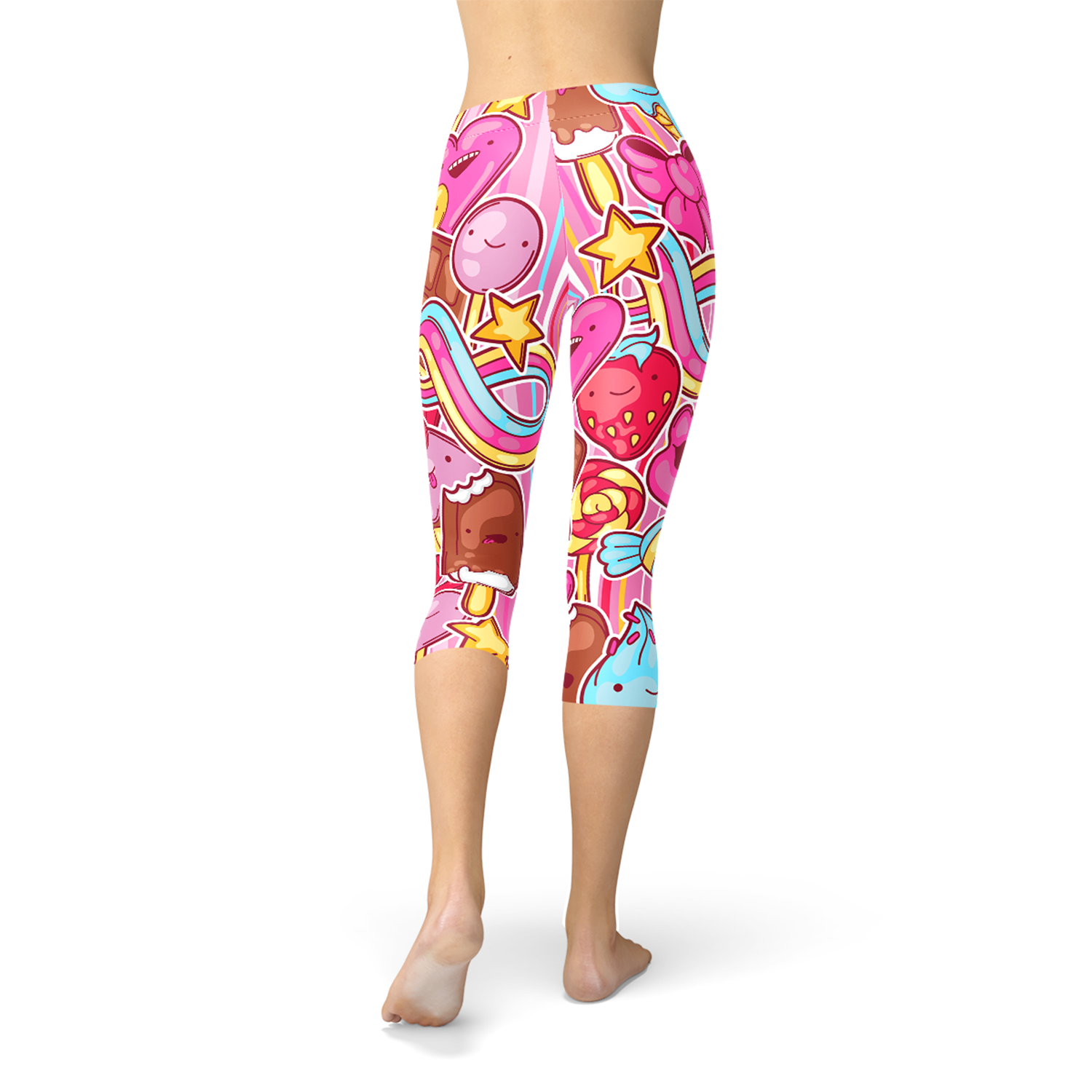 Womens Pink Candy Kawaii Capri Legging featuring a vibrant pink design with a unique kawaii pattern, perfect for workouts and casual wear.