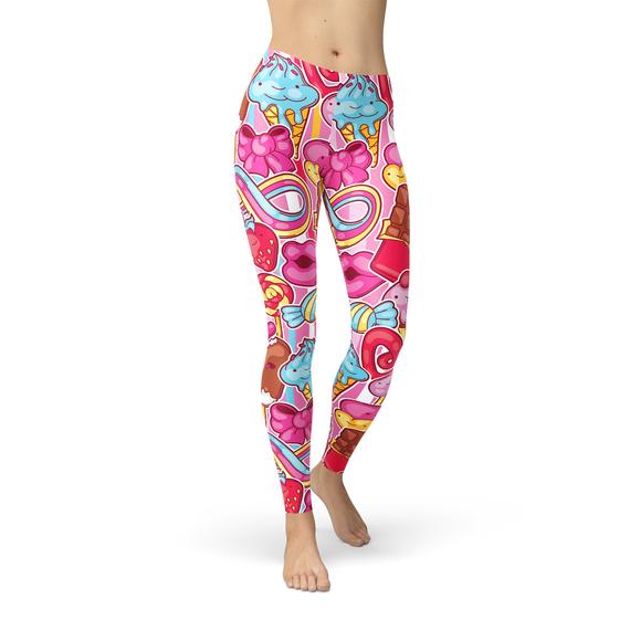 Womens Pink Candy Kawaii Legging featuring vibrant colors and unique graphic design, perfect for workouts and casual wear.