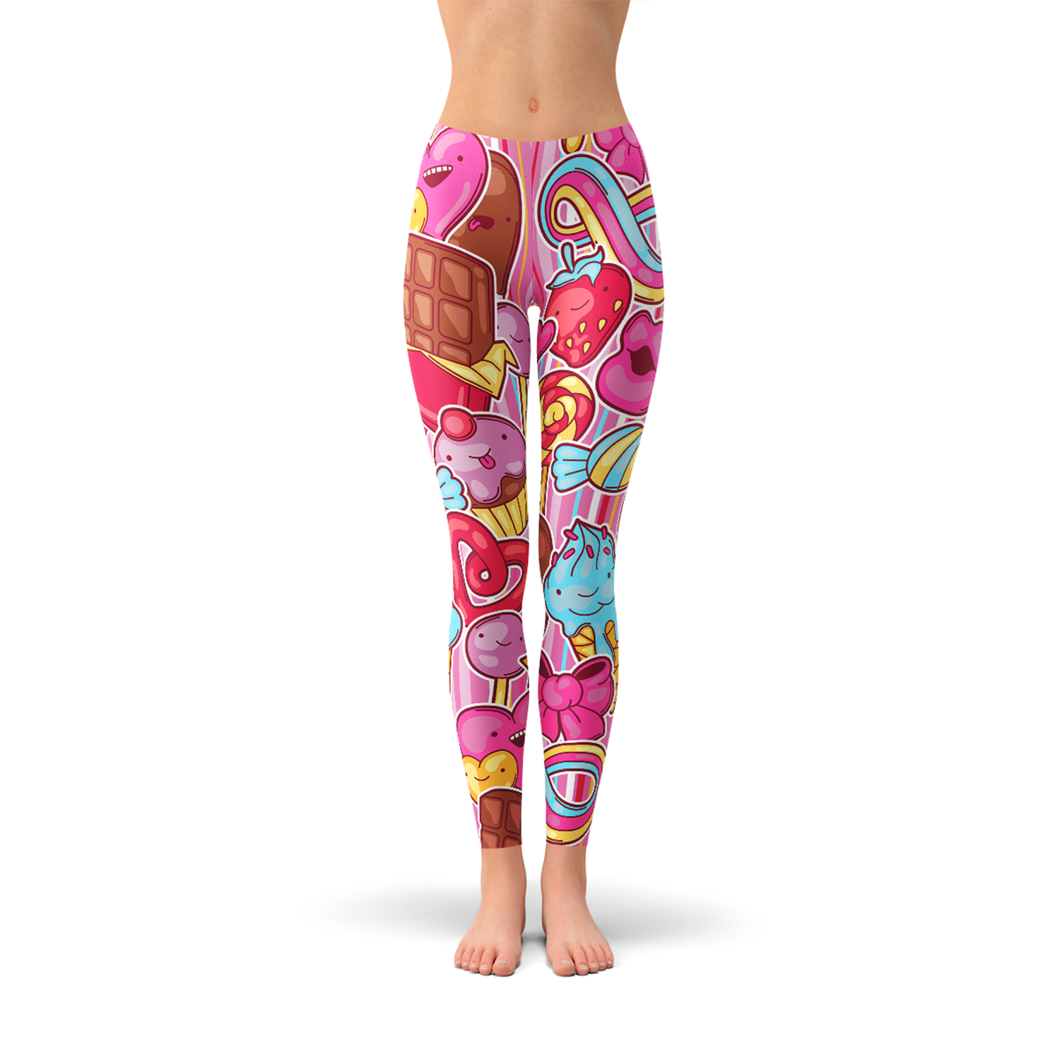 Womens Pink Candy Kawaii Legging featuring vibrant colors and unique graphic design, perfect for workouts and casual wear.