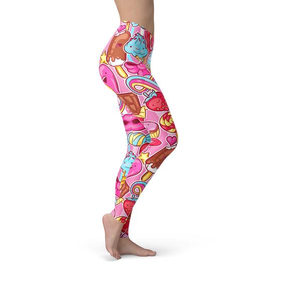 Womens Pink Candy Kawaii Legging featuring vibrant colors and unique graphic design, perfect for workouts and casual wear.