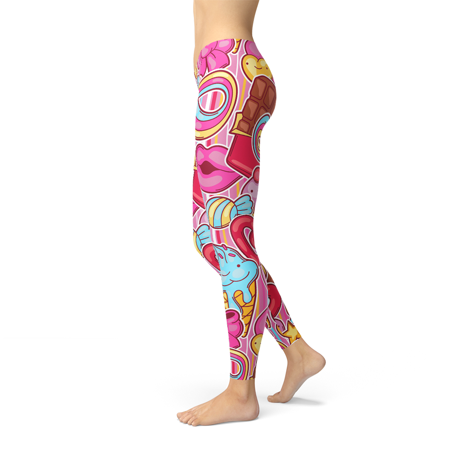 Womens Pink Candy Kawaii Legging featuring vibrant colors and unique graphic design, perfect for workouts and casual wear.