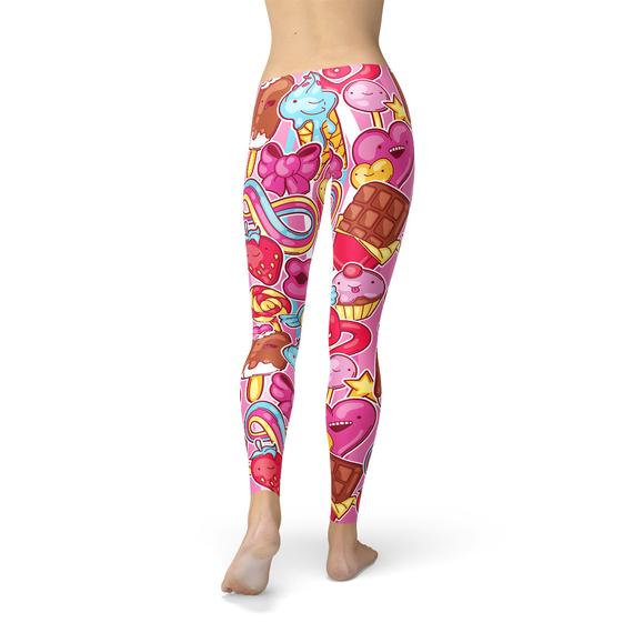 Womens Pink Candy Kawaii Legging featuring vibrant colors and unique graphic design, perfect for workouts and casual wear.