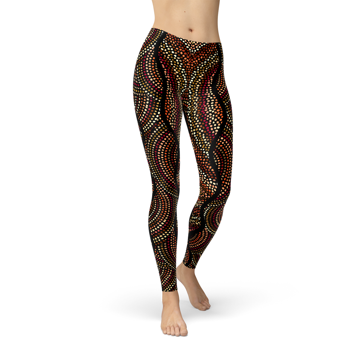 Women's leggings featuring Aboriginal artwork with polka dots, showcasing vibrant colors and unique designs, perfect for activewear.