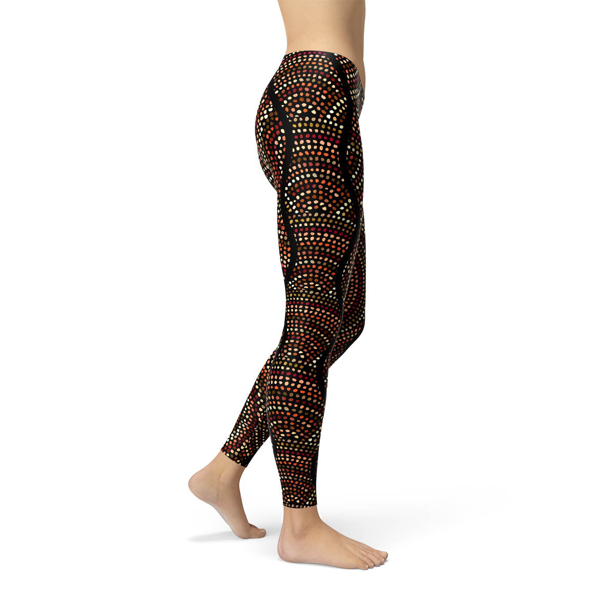 Women's leggings featuring Aboriginal artwork with polka dots, showcasing vibrant colors and unique designs, perfect for activewear.