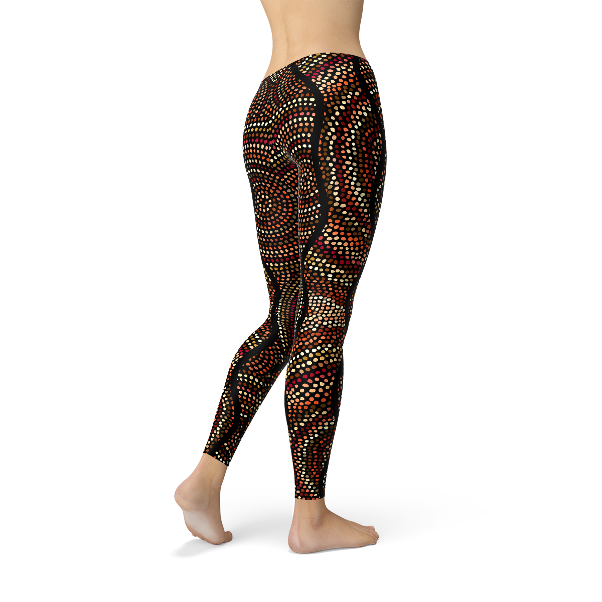 Women's leggings featuring Aboriginal artwork with polka dots, showcasing vibrant colors and unique designs, perfect for activewear.