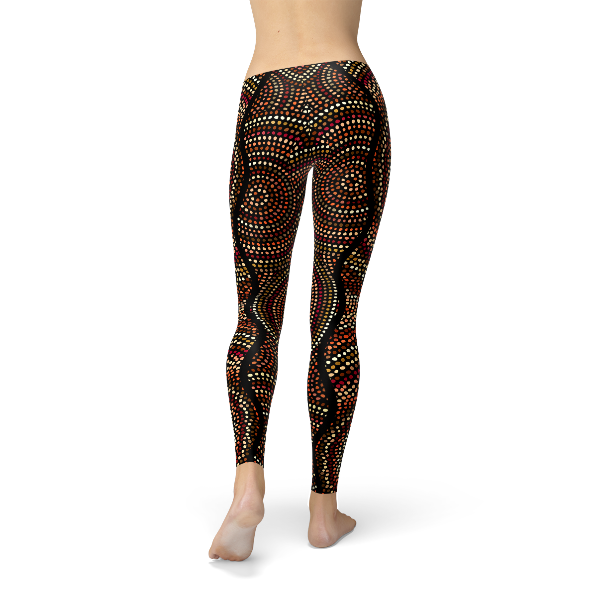 Women's leggings featuring Aboriginal artwork with polka dots, showcasing vibrant colors and unique designs, perfect for activewear.