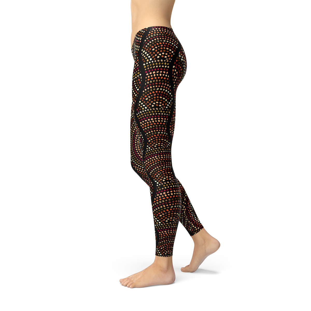 Women's leggings featuring Aboriginal artwork with polka dots, showcasing vibrant colors and unique designs, perfect for activewear.