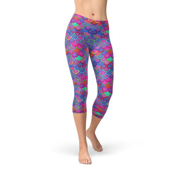 Women's Purple Pink Mermaid Capri Leggings featuring a vibrant mermaid design, perfect for workouts and casual wear.