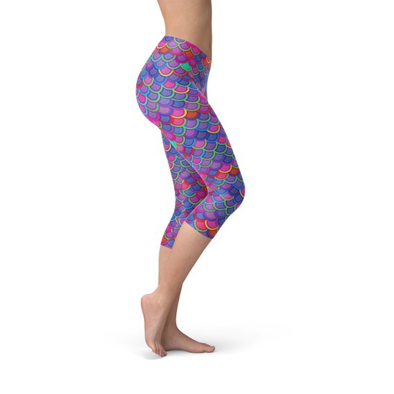 Women's Purple Pink Mermaid Capri Leggings featuring a vibrant mermaid design, perfect for workouts and casual wear.