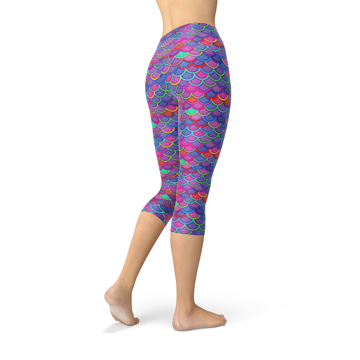 Women's Purple Pink Mermaid Capri Leggings featuring a vibrant mermaid design, perfect for workouts and casual wear.