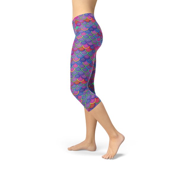 Women's Purple Pink Mermaid Capri Leggings featuring a vibrant mermaid design, perfect for workouts and casual wear.