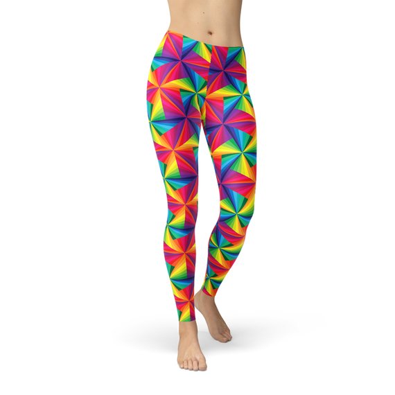 Womens Rainbow Pinwheel Leggings featuring a vibrant pinwheel design, made from breathable and stretchy fabric, perfect for workouts and casual wear.