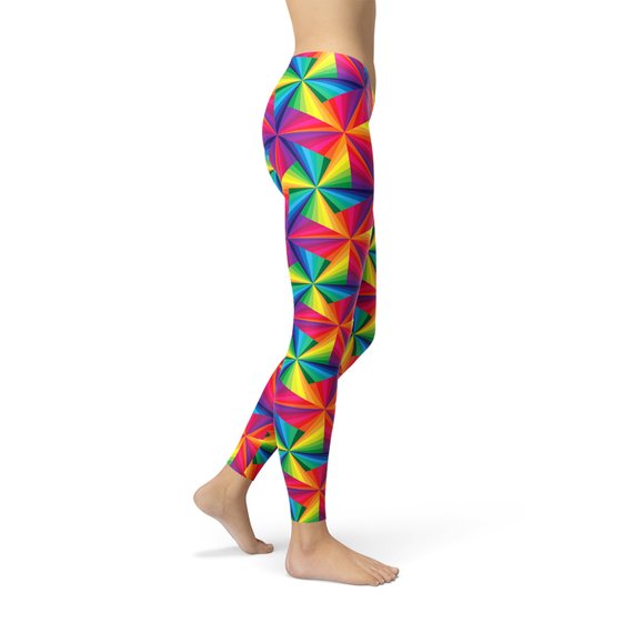 Womens Rainbow Pinwheel Leggings featuring a vibrant pinwheel design, made from breathable and stretchy fabric, perfect for workouts and casual wear.